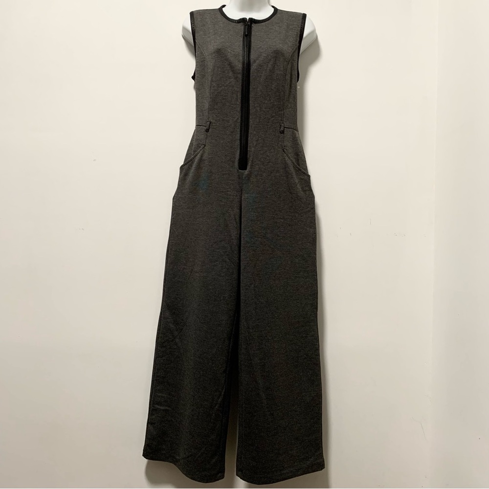 Max Studio Jumpsuit Sleeveless Faux Trim Leather Zip Grey/Charcoal  Size S.